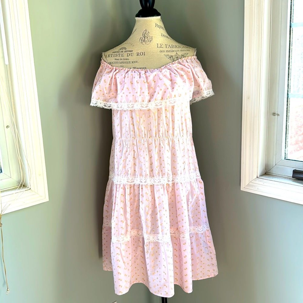 Vintage Peggy Barker pink eyelet lace tiered prairie style dress size M